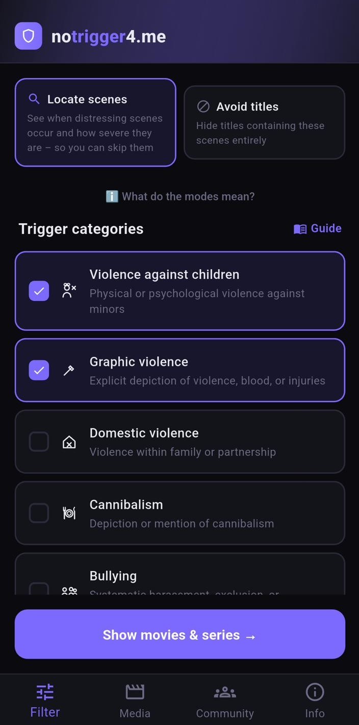 App-Screenshot: Filter-Tab mit den zwei Modi und auswählbaren Trigger-Kategorien