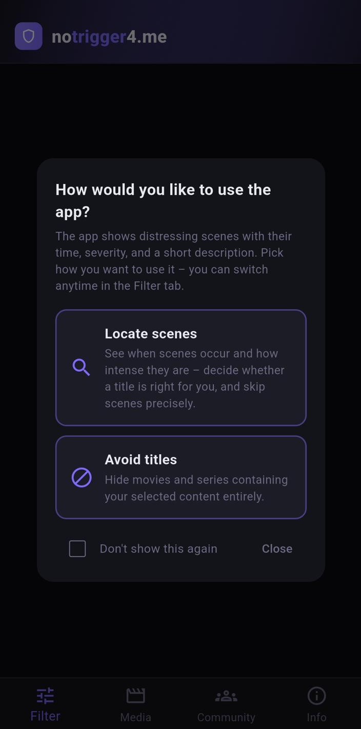 App-Screenshot: Dialog beim ersten Start mit der Wahl zwischen Szenen orten und Titel meiden